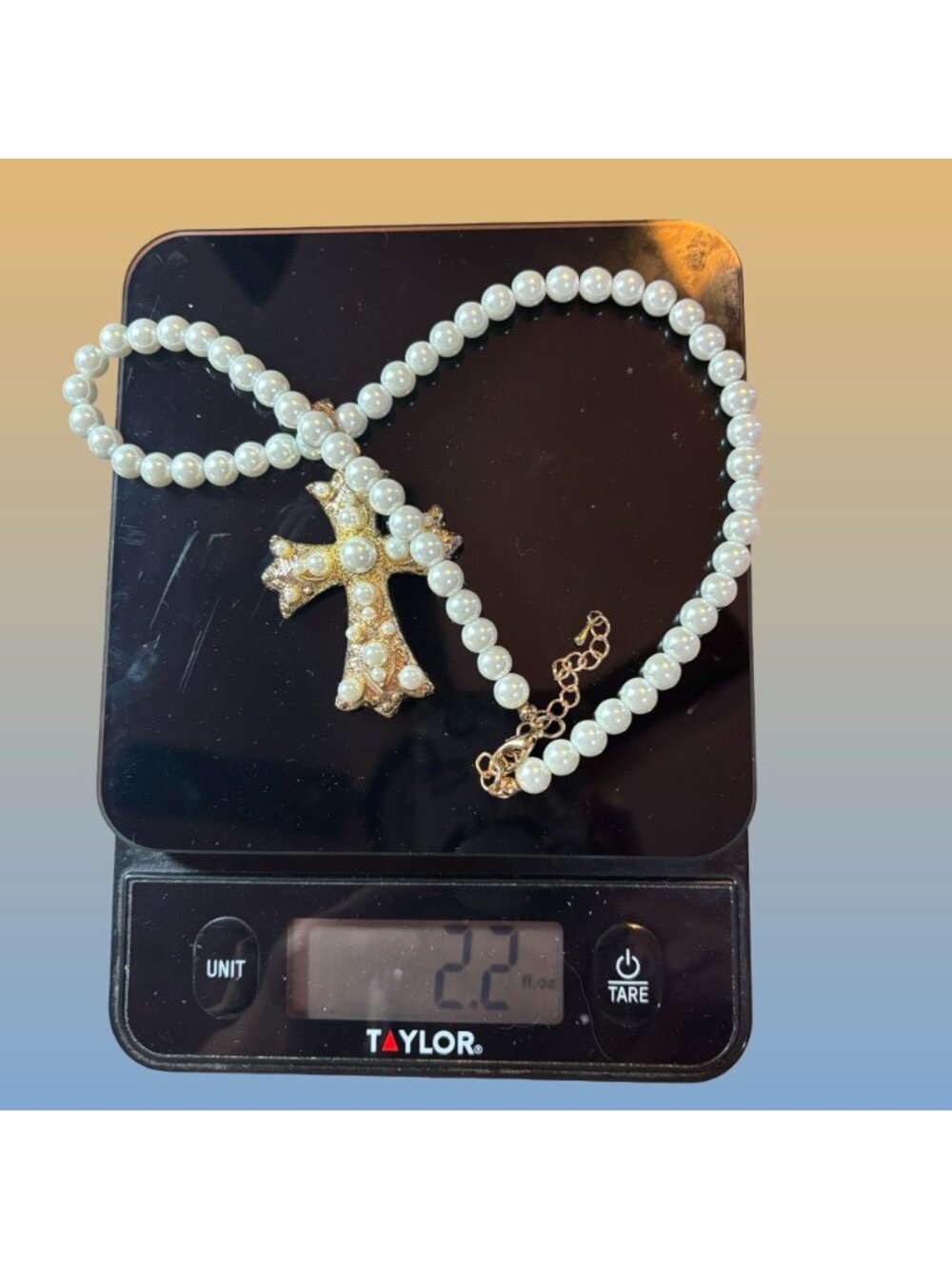 Faux Pearl Gold Tone Rhinestone Cross Necklace Gothic Statement Vintage Style - Picture 7 of 8